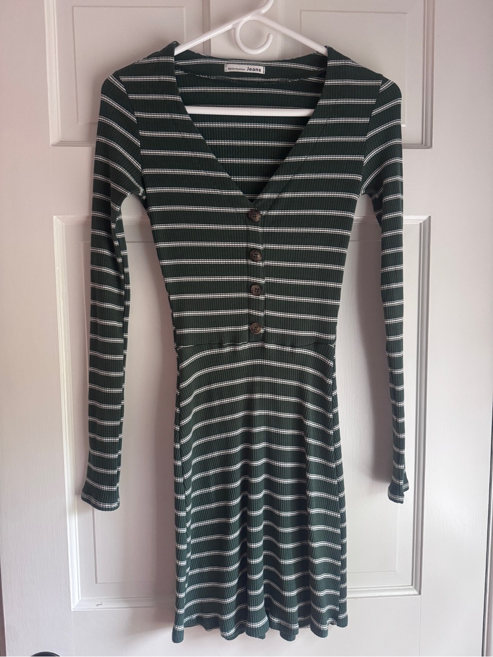 Reformation Jeans Green Striped Ribbed Button Front Long Sleeve Dress Size Small